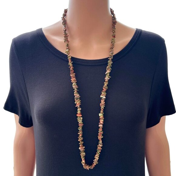 Unakite Necklace Long Strand Pink Green Natural Stone 34 Inch Length - Picture 4 of 4